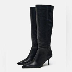 ZARA FINE POINTED-TOE HEELED LEATHER KNEE HIGH BOOTS 6 & 7.5